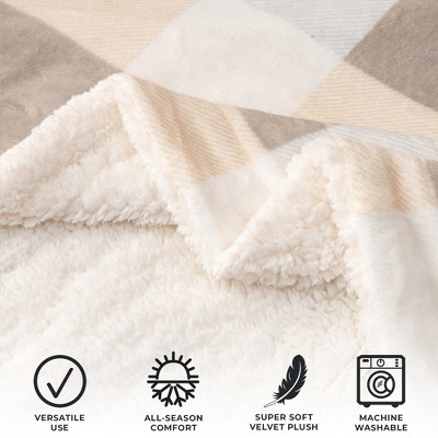 Twin Soft Taupe and Pale Grey Buffalo Check Fleece Sherpa Reversible Blanket