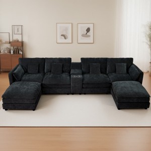 Modern Modular U-Shaped 6-Seat Sectional Sofa with Movable Ottoman, Storage Console and Cup Holders for Living Room or Apartment-Tanpinhause - 1 of 4