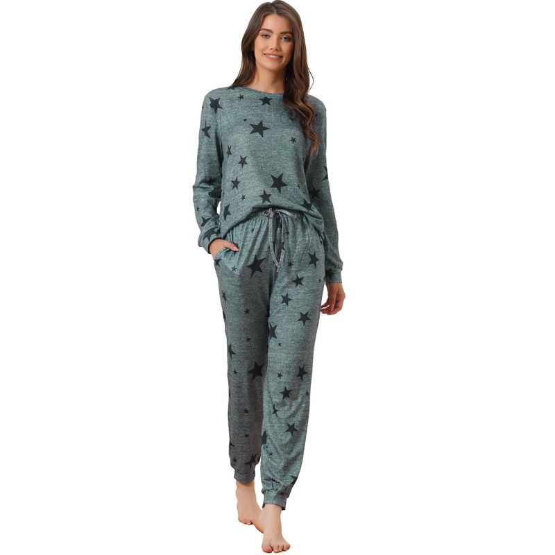 cheibear Women's Kint Long Sleeve Sleepshirt with Long Pants Printed Pattern 2 Pieces Pajama Sets, 1 of 6