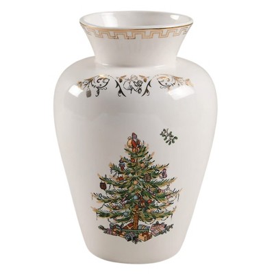 Spode Christmas Tree Gold Vase, Round Bouquet Shape with 22 Karat Gold Accents - 8" H x 5.5" L Porcelain Holiday Floral Holder