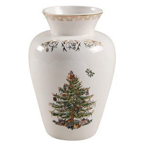 Spode Christmas Tree Gold Vase, Round Bouquet Shape with 22 Karat Gold Accents - 8" H x 5.5" L Porcelain Holiday Floral Holder - 1 of 1