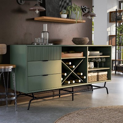 Yaztra Sage Green and Black Composite Wood TV Stand with Cabinet