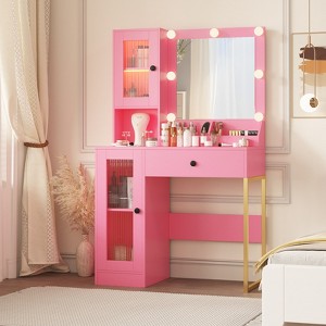 Makeup Vanity Desk with Mirror and Lights, Vanity Table with Charging Station, 2 Acrylic-Door Cabinets, Wood Dressing Table for Bedroom - 1 of 4
