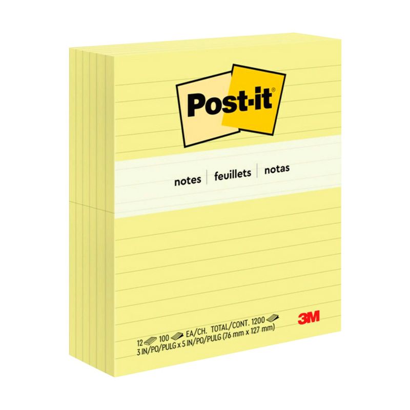 3M Post-it Lined Original Notes, 3 x 5 Inches, Canary Yellow, Pack of 12, 1 of 6