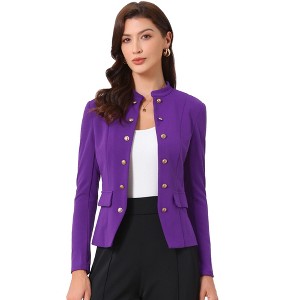 Allegra K Women's Casual Stand Collar Open Front Long Sleeve Button Decor Jacket - 1 of 4