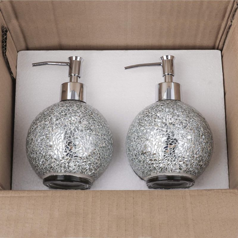 WHOLE HOUSEWARES 14 Ounce Glass Mosaic Hand Soap Dispenser for Bathroom, Set of 2, Silver, 4 of 5