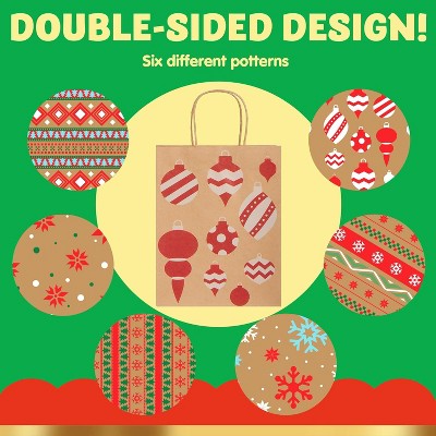 Assorted Kraft Christmas Gift Bags with Festive Designs, 24-Pack