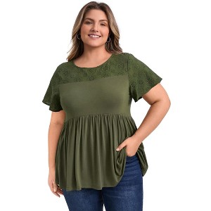 GRACE & GRANDEUR Women's Plus Size Eyelet Embroidery Crew Neck Ruffle Hem Cinched Waist Short Sleeve Babydoll Blouses - 1 of 4