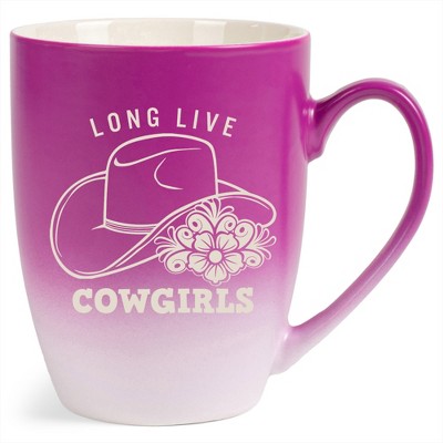 100 North Floral Western Hat 10 Ounce Pink and White Two Toned Ombre, Comfortably Fits Your Hands, Ceramic Tea Coffee Cup Mug, Long Live Cowgirls