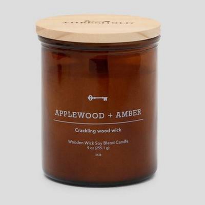 Amber Glass Applewood and Amber Lidded Wooden Wick Jar Candle 9oz - Threshold&#8482;