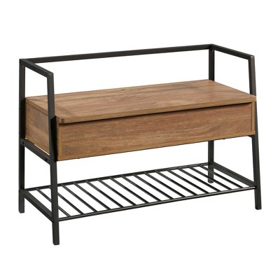 Sindoori Mango and Black Metal Entryway Bench with Hidden Storage