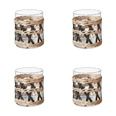 TAG Island Collection Clear Glass DOF Old Fashion Glass Drinkware with Black and Natural Cattail Braided Sleeve 12.5 oz. Set 4