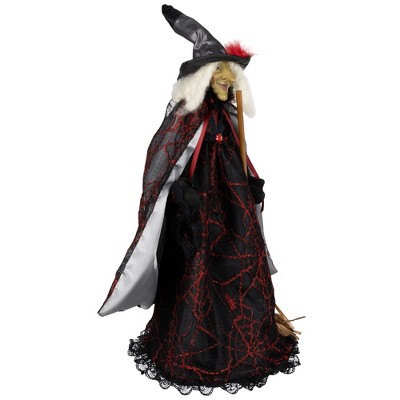 Victorian Style Black and Red Witch Figurine with Broom - 18"