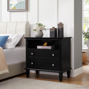Grungis Nightstand with 2 Drawers and Charging Station,Farmhouse Fluted Pilasters Design End Table with USB Ports and Outlets for Bedroom,Black - 1 of 4