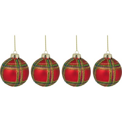 Northlight 4ct Red, Black and Gold Plaid Glass Ball Christmas