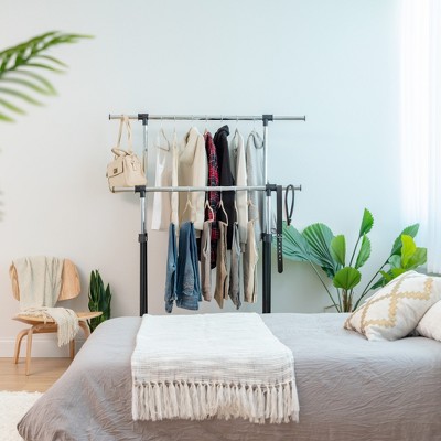 Adjustable Black Metal Double Rod Clothes Rack with Wheels