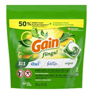 Gain Flings Laundry Detergent Pacs, 14 Count, Original Scent, 3 in 1 HE Detergent Pacs with Oxi Boost and Febreeze - 1 of 4