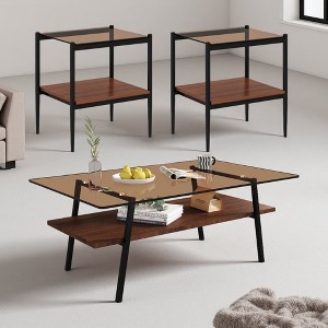 3-Piece Gray Glass Coffee Table Set (Durable Iron Legs) - 1 of 4