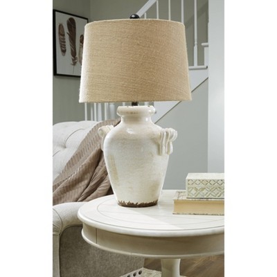 Emelda Cream Ceramic Table Lamp with Beige Drum Shade