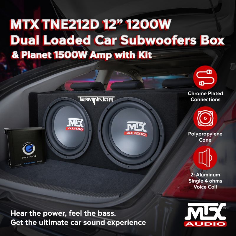 MTX TNE212D 12" 1200W Dual Loaded Car Subwoofers + Box + Planet 1500W Amp + Kit, 2 of 7