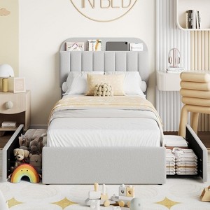 Upholstered Bed Frame with Headboard, Boucle Platform Bed with Bookcase & 2 Flexible Drawers, Easy Assembly, No Box Spring Needed - 1 of 4