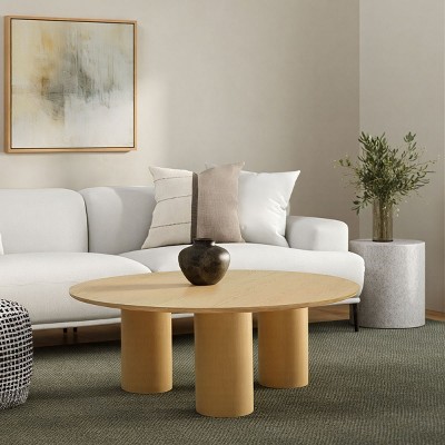 40" Mid Century Modern Round Wood Coffee Table With 3 Cylindrical Legs,Farmhouse Drum Cocktail Circle Center Wooden Table-Cuddlewood