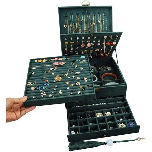 5-Layer Velvet Square Jewelry Box, Large Storage Organizer for Necklaces, Bangles & Ear Studs, Blackish Green - 1 of 4