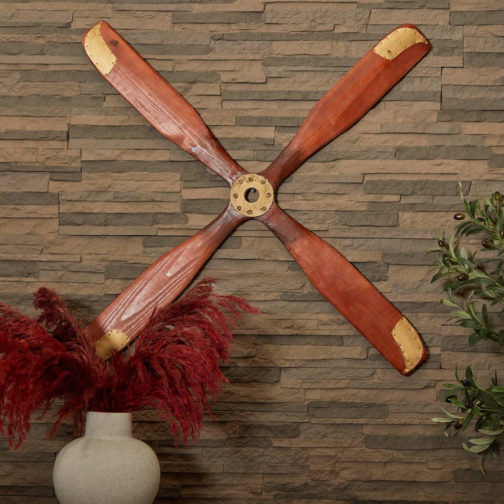 Photos - Wallpaper Wood Airplane Propeller 4 Blade Wall Decor with Aviation Detailing Brown 