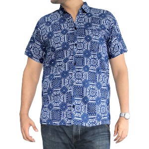 LA LEELA Men's Hawaiian Shirt Trendy Beach Shirts Casual Short Sleeve Button Down Collar Shirts for Men S Square Boho Lattice, Blue - 1 of 3