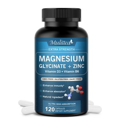 Mulittea Magnesium Glycinate 500mg with Zinc, Vitamin D3+ Vitamin B6, Enhance Immunity, 120 Capsules (Gluten Free & Non-GMO)