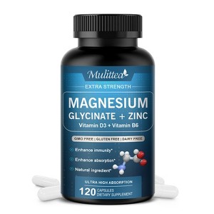Mulittea Magnesium Glycinate 500mg with Zinc, Vitamin D3+ Vitamin B6, Enhance Immunity, 120 Capsules (Gluten Free & Non-GMO) - 1 of 4