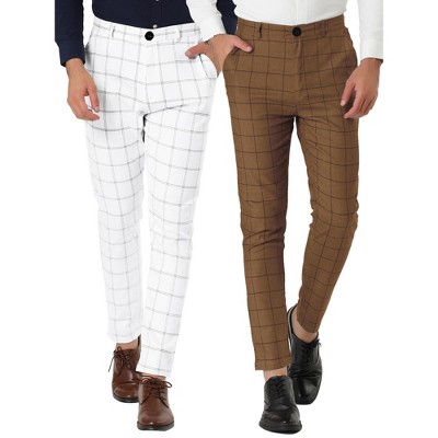 Lars Amadeus Men's Plaid Printed Slim Fit Flat Front Business Checked Trousers 2 Packs