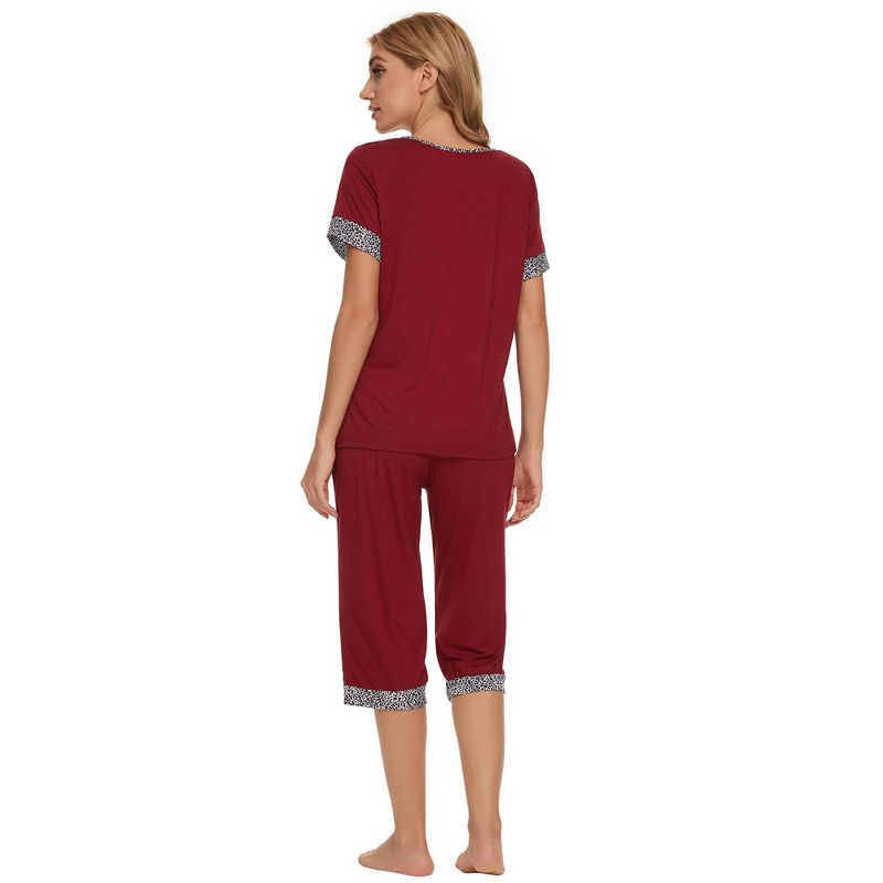cheibear Womens Round Neck Pajama Set with Capri Pants Casual Lounge Sleepwear, 3 of 6