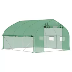 Outsunny Walk-in Tunnel Greenhouse with Zippered Mesh Doors & Roll-up Sidewalls, Upgraded Hot House, Green, 11.5' x 10' x 6.5'