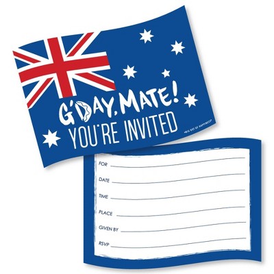 Big Dot of Happiness Australia Day - Shaped Fill-in Invitations - G'Day Mate Aussie Party Invitation Cards with Envelopes - Set of 12