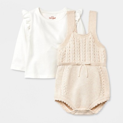 Image of Baby Girls' Sweater Romper with Cable T-Shirt Set - Cat & Jack™ Cream Newborn