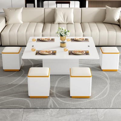 KWPZQEB Lift Top Coffee Table with 4 Storage Stools, 3 in 1 Multi-Function Modern Center Table with Hidden Compartment & Drawers for Living Room