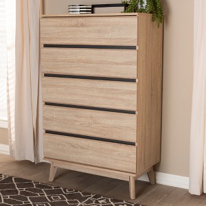 Baxton Studio Mirren Light Oak 5 Drawer Chest Brown/Dark Gray: Wood Composite, Vertical Storage, Includes Anti-Tip Hardware - 1 of 4