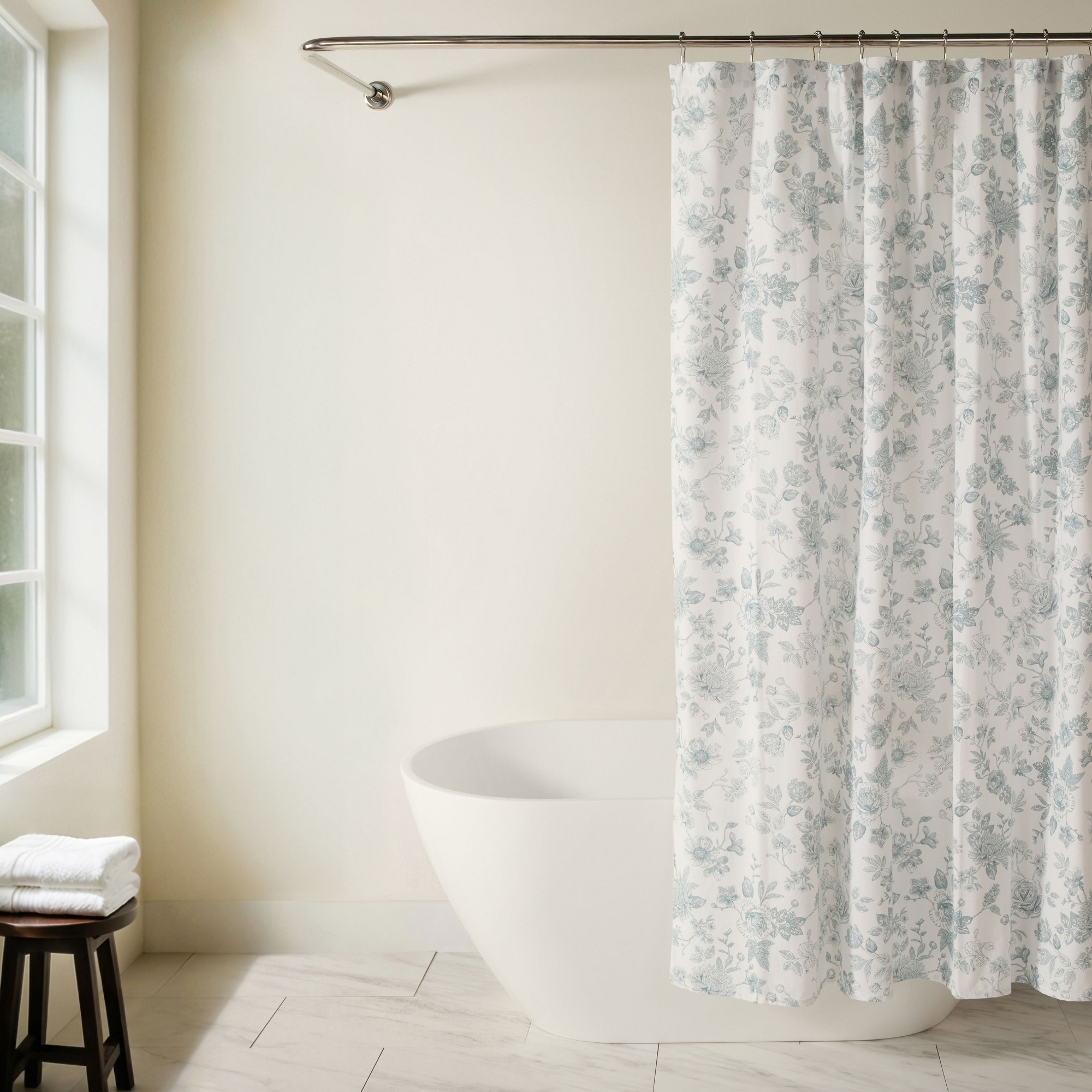 Cotton Rich Printed Shower Curtain – 72x72 Washable Fabric, Modern Farmhouse Bathroom Decor - Becky Cameron, Vintage Floral Light Blue