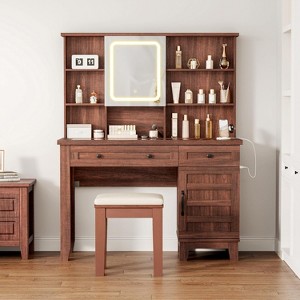 Makeup Vanity Desk with Mirror and Lights 3 Color Modes Available, Wooden Makeup Table with Chair, Power Outlet, Glass Top - 1 of 4