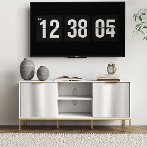 HDZNVF Modern TV Stand with Wave Design Doors, Open Shelf and Adjustable Shelf, Stylish and Functional, White and Gold - 1 of 4