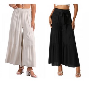 INSPIRE CHIC Women's Boho Elastic High Waist Tie Belt Ruffle Hem Wide Leg Palazzo Pants 2 Packs - 1 of 4