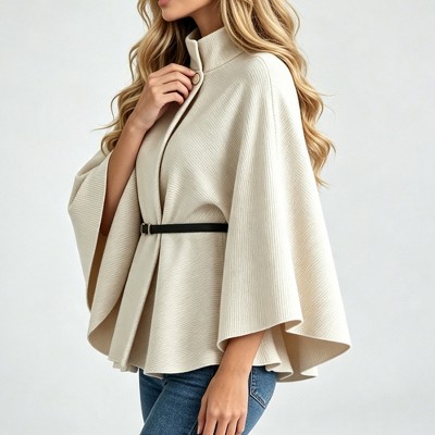 Женские куртки YesFashion Women's Stand Collar Cape Coat, Wide Bell Sleeve Short Wrap Jacket with Belt, Elegant Loose Fall Outerwear Beige S — фото 4