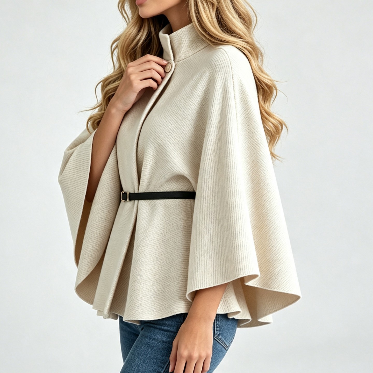 Женское пальто YesFashion Stand Collar Cape Coat, Wide Bell Sleeve Short Wrap Jacket with Belt, Elegant Loose Fall Outerwear Beige, цвет: Бежевый — фото 4