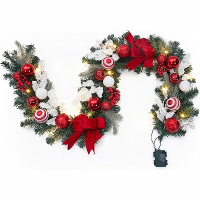 6 Ft Pre Lit Christmas Garland for Mantle,Lighted Christmas Garland with 20 Led Lights & Red Bows