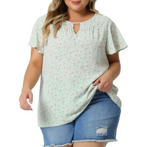 Agnes Orinda Plus Size Womens Tops Keyhole Flutter Short Sleeve Chiffon Floral Pattern - 1 of 4