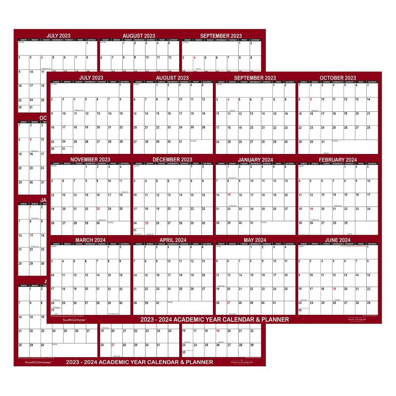 SwiftGlimpse 2023-2024 Academic Year Wall Calendar  &#38; Planner 24&#34;x36&#34; Maroon, 1 of 8