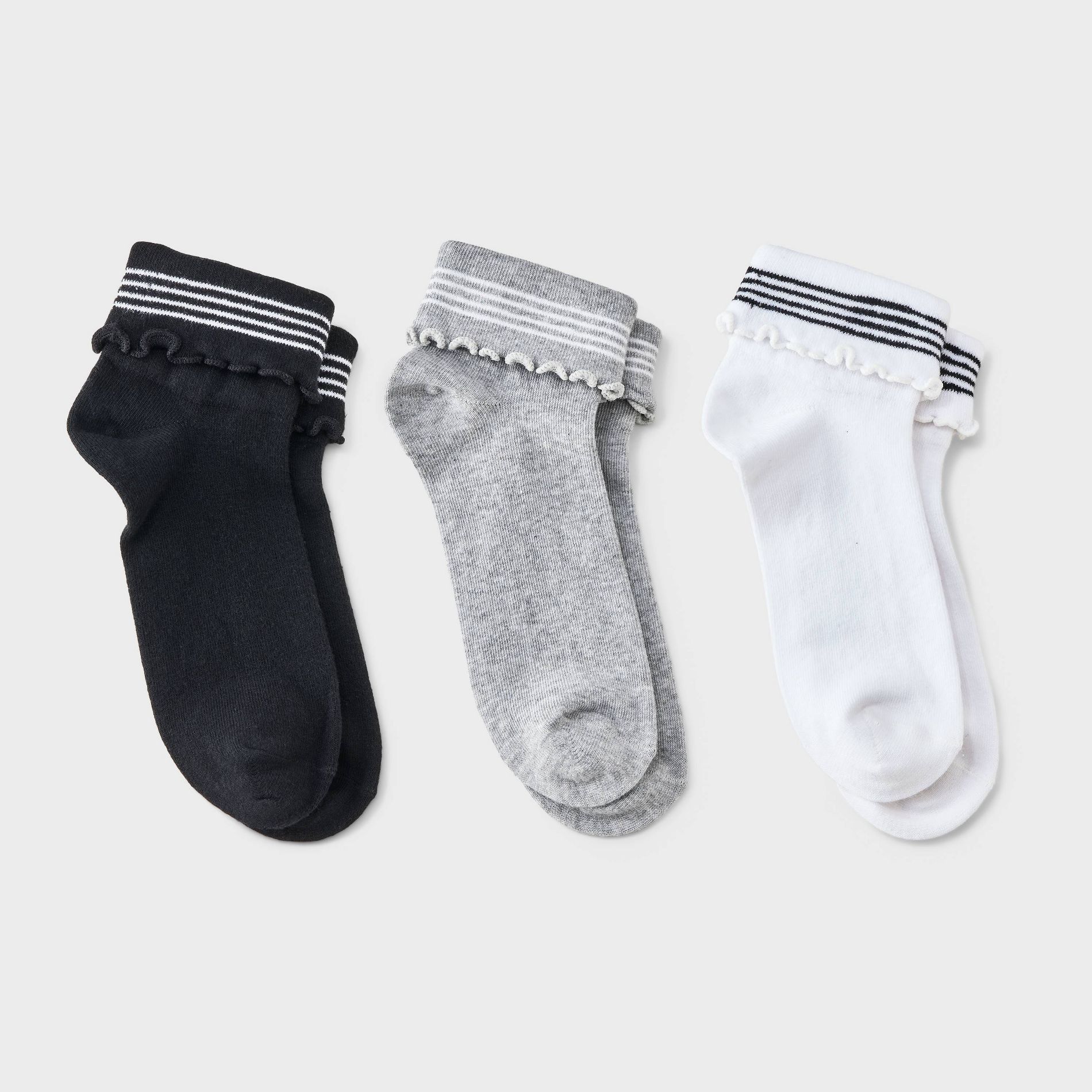 Women's 3pk Four Stripe Turn Cuff with Lettuce Edge Socks - Auden™ - Black