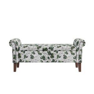 Handy Living Wallen Traditional Rolled Arm Storage Bench with Nailheads Floral Bonsai Green - 1 of 4