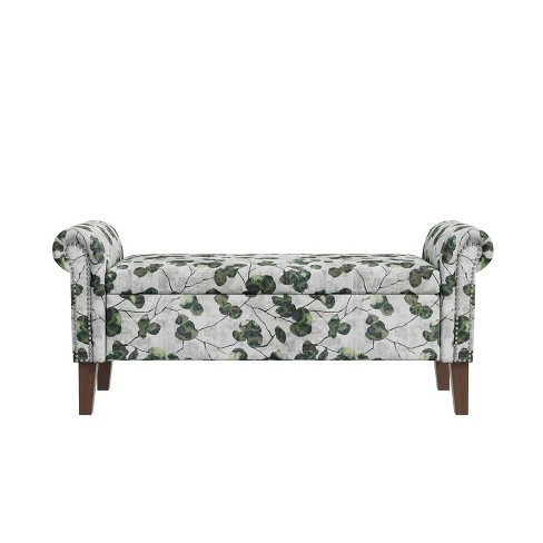 Handy Living Wallen Traditional Rolled Arm Storage Bench with Nailheads Floral Bonsai Green - image 1 of 4